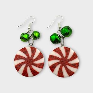 Peppermint Candy Earrings with Green Jingle Bells